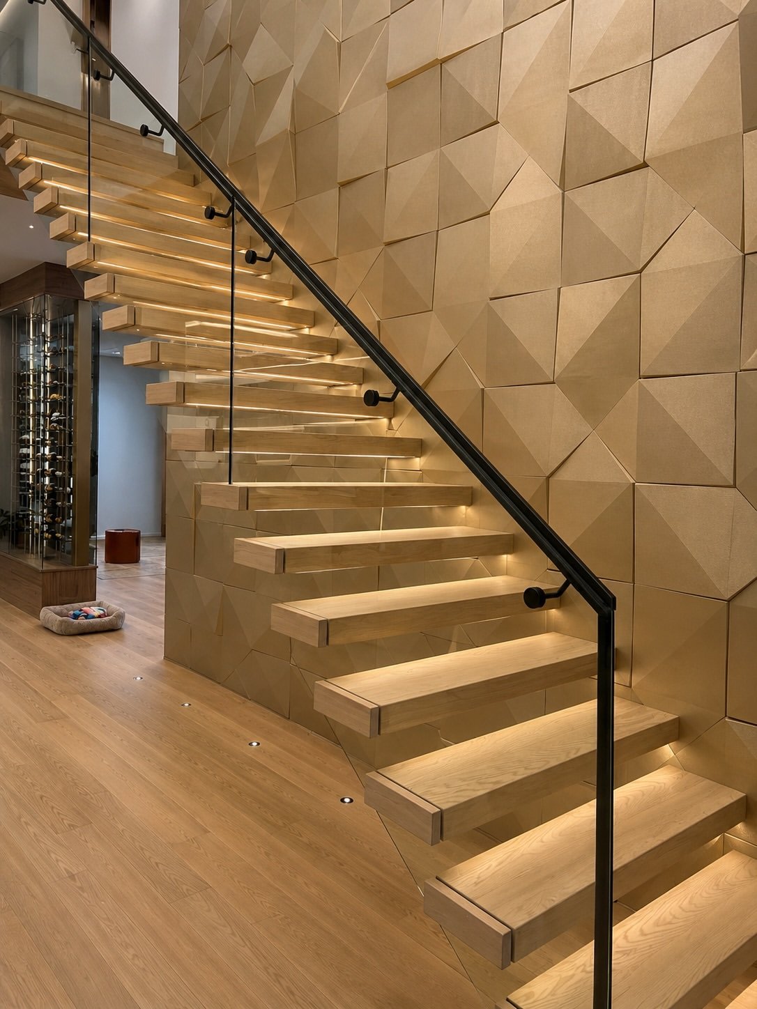Floating staircase against geometric feature wall